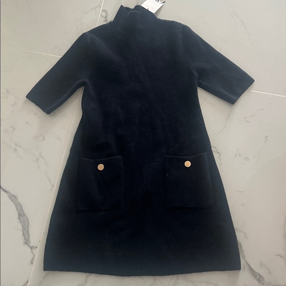 NWT! Zara Navy blue Sweater Dress with Gold Accents.